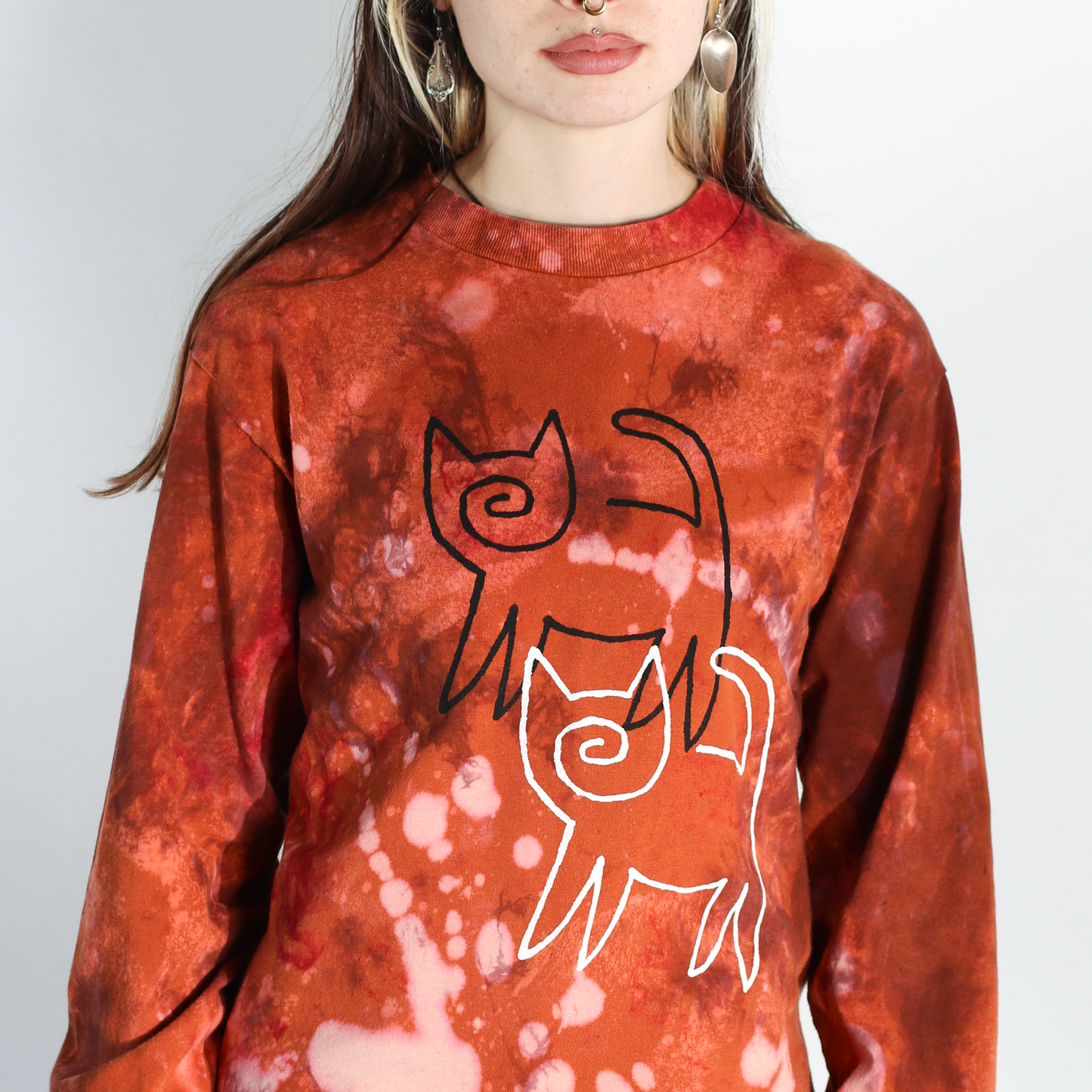 Hand Dyed and Screenprinted Long Sleeve GRAFITTI CAT T-shirt - Men's Small