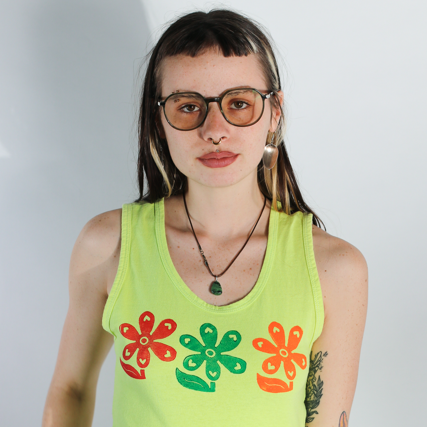 Block Printed Retro Flower Tank Top - Women's Small