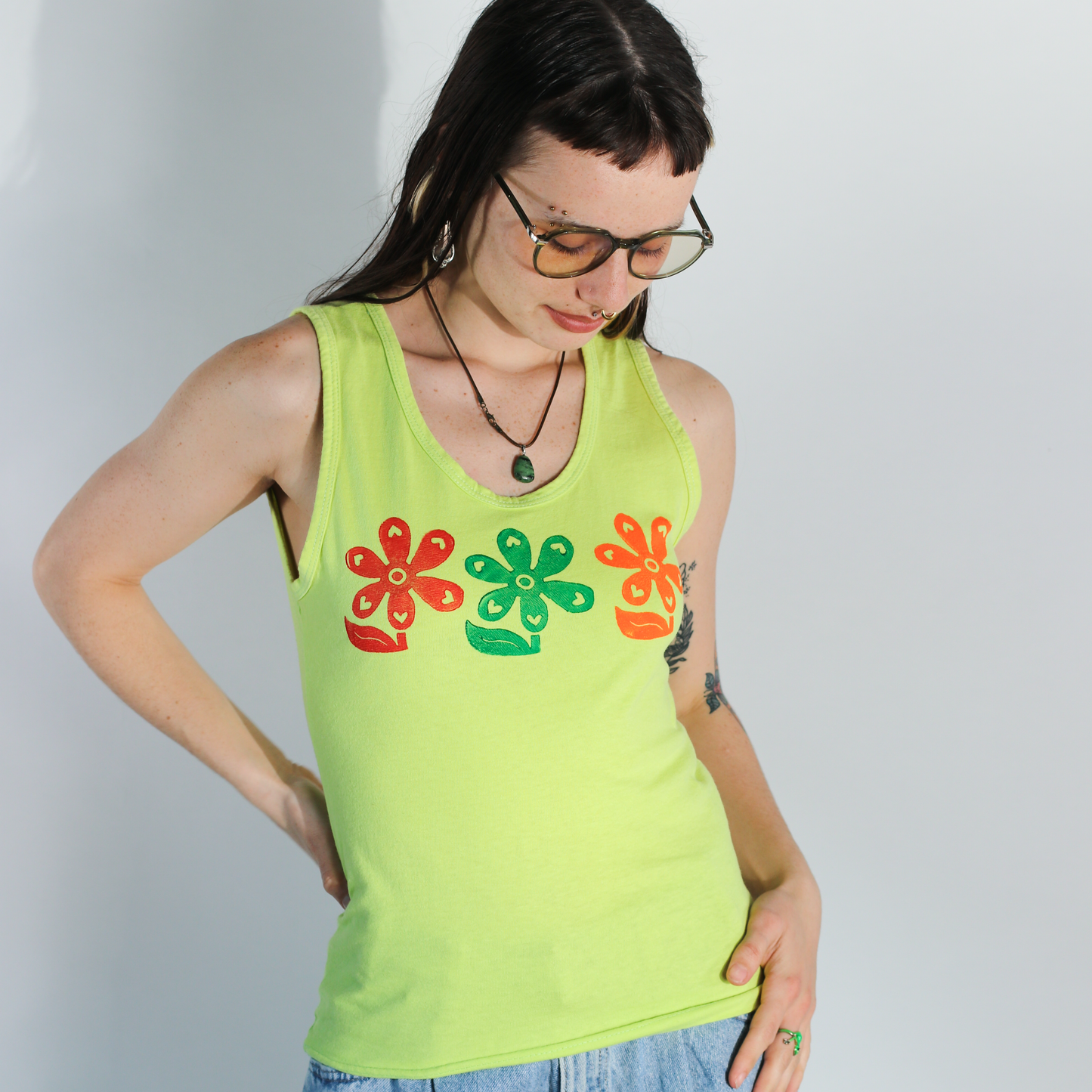 Block Printed Retro Flower Tank Top - Women's Small