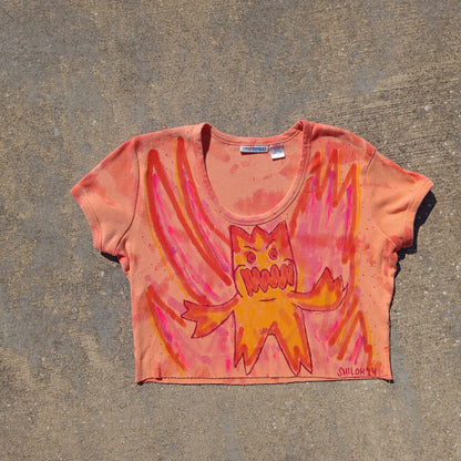 Hand Painted Vintage Orange Monster Crop Tee - Women's Large